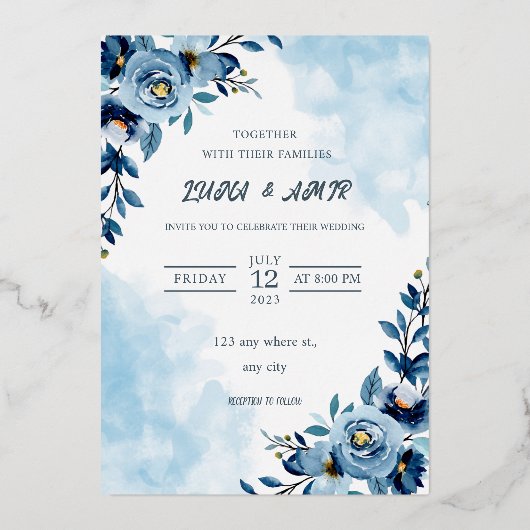 elegant Blue Waterverf flower bruiloft Folie Uitnodiging (Voorkant)