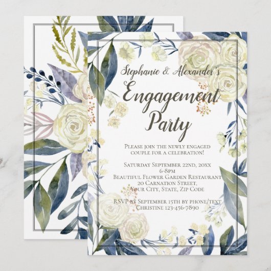 Elegant Blue Waterverf Flower Engagement Party Kaart (Voorkant / Achterkant)