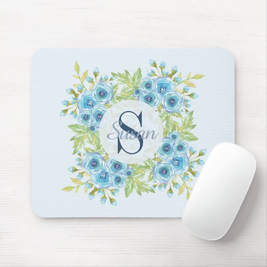 Elegant Blue Waterverf Flower Monogram Muismat (Met muis)