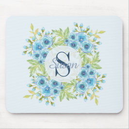 Elegant Blue Waterverf Flower Monogram Muismat