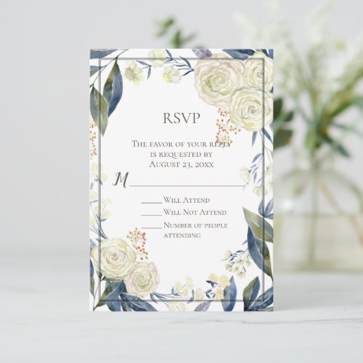 Elegant Blue Waterverf Flower RSVP Reply Kaart (Staand voorkant)