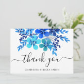 Elegant Blue Waterverf Flowers Wedding Bedankkaart (Staand voorkant)
