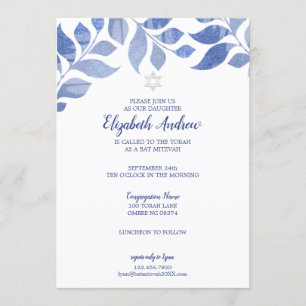 Elegant Blue Waterverf Foliage Bat Mitzvah Kaart