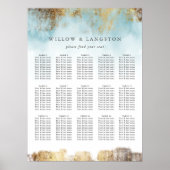 Elegant Blue Waterverf Gold Wedding Seding Chart Poster (Voorkant)