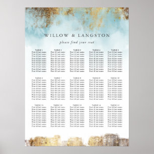 Elegant Blue Waterverf Gold Wedding Seding Chart Poster