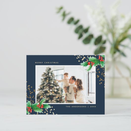 Elegant Blue Waterverf Holly Foto met Kerstmis Feestdagenkaart (Staand voorkant)