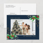 Elegant Blue Waterverf Holly Foto met Kerstmis Feestdagenkaart (Voorkant / Achterkant)
