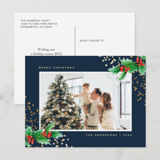 Elegant Blue Waterverf Holly Foto met Kerstmis Feestdagenkaart (Voorkant / Achterkant)