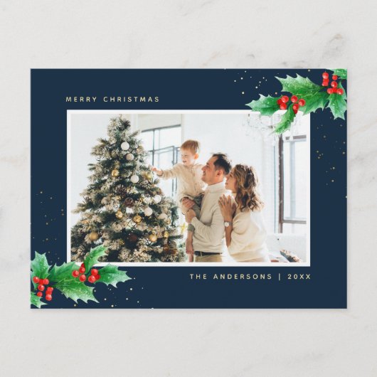 Elegant Blue Waterverf Holly Foto met Kerstmis Feestdagenkaart (Voorkant)