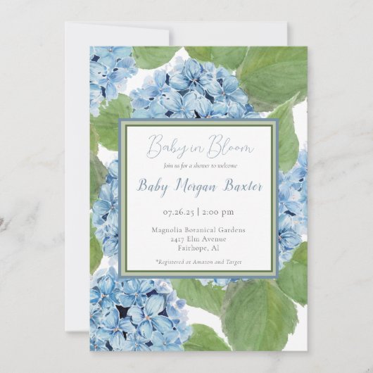Elegant Blue Waterverf Hydrangea Baby shower Kaart (Voorkant)