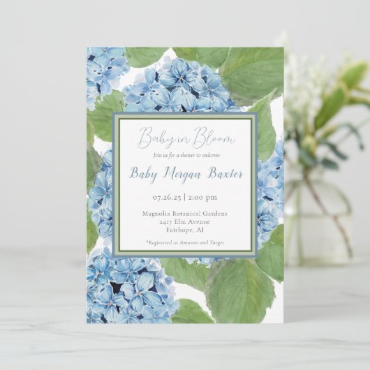 Elegant Blue Waterverf Hydrangea Baby shower Kaart (Staand voorkant)