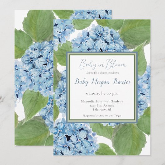 Elegant Blue Waterverf Hydrangea Baby shower Kaart (Voorkant / Achterkant)