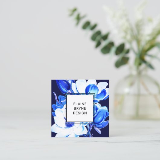 Elegant Blue Waterverf Magnolia Floral Square Squ Vierkante Visitekaartje (Staand voorkant)