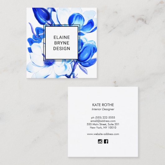 Elegant Blue Waterverf Magnolia Floral Square Squ Vierkante Visitekaartje (Voorkant / Achterkant)