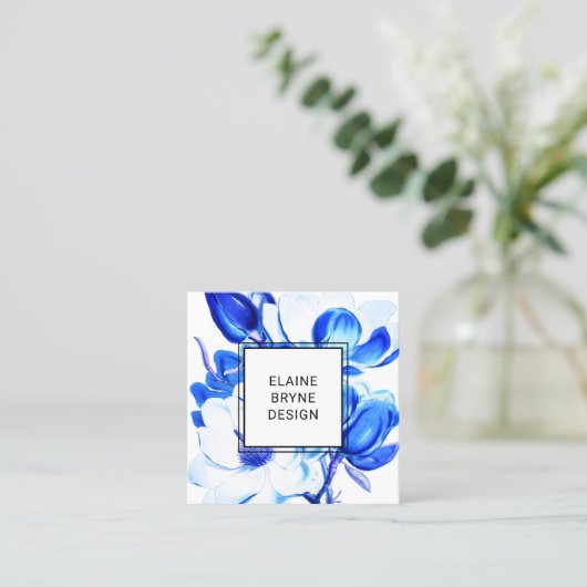 Elegant Blue Waterverf Magnolia Floral Square Squ Vierkante Visitekaartje (Staand voorkant)