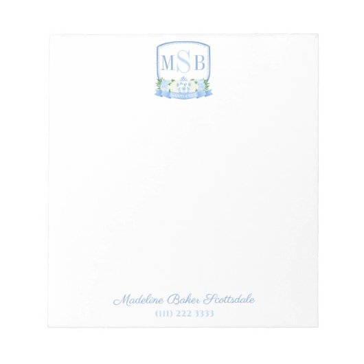 Elegant Blue Waterverf Monogram Crest Lady's Notitieblok (Voorkant)