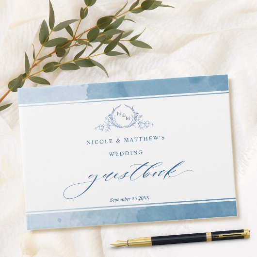 Elegant Blue Waterverf Monogram Weddenschap Gast B Gastenboek