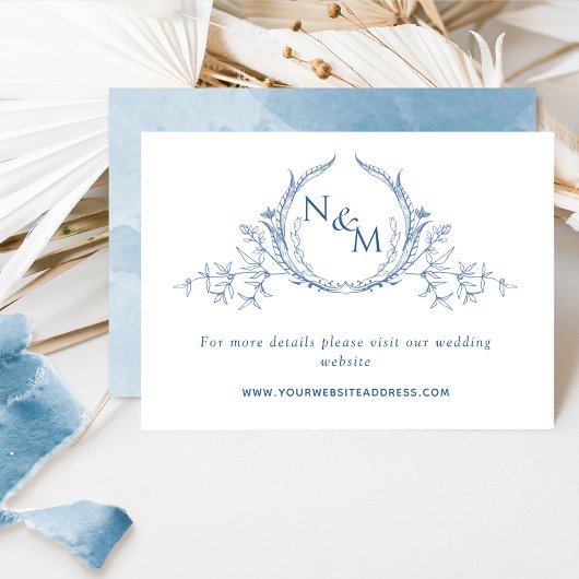 Elegant Blue Waterverf Monogram Weddenschap Websit Informatiekaartje