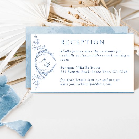 Elegant Blue Waterverf Monogram Weddenschappen Rec Informatiekaartje
