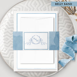 Elegant Blue Waterverf, Monogram Wedding Invitati Uitnodigingen Wikkel