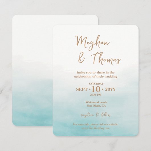 Elegant Blue Waterverf Ocean Beach Thégold Wedding Save The Date (Voorkant / Achterkant)