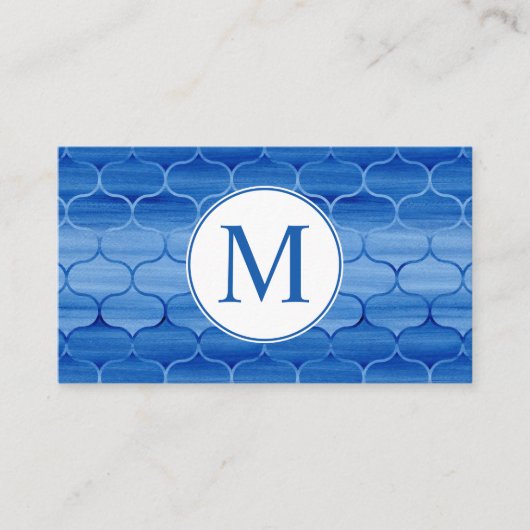 Elegant Blue Waterverf Ogee Pattern Monogram Visitekaartje (Voorkant)