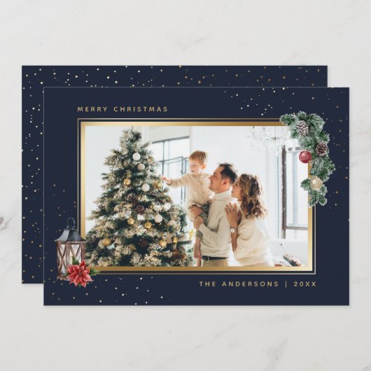 Elegant Blue Waterverf Photo met kerstkaarten Feestdagenkaart (Voorkant / Achterkant)