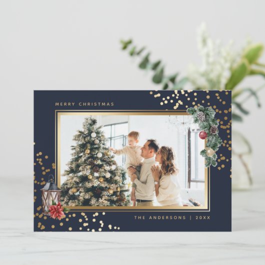 Elegant Blue Waterverf Photo met kerstkaarten Feestdagenkaart (Staand voorkant)