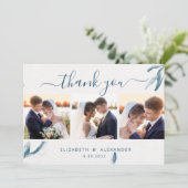 Elegant blue waterverf romantische bruiloft 3 foto bedankkaart (Staand voorkant)