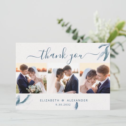 Elegant blue waterverf romantische bruiloft 3 foto bedankkaart (Staand voorkant)
