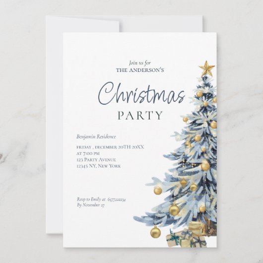 Elegant Blue Waterverf Tree kerstfeest Feestdagenkaart (Voorkant)