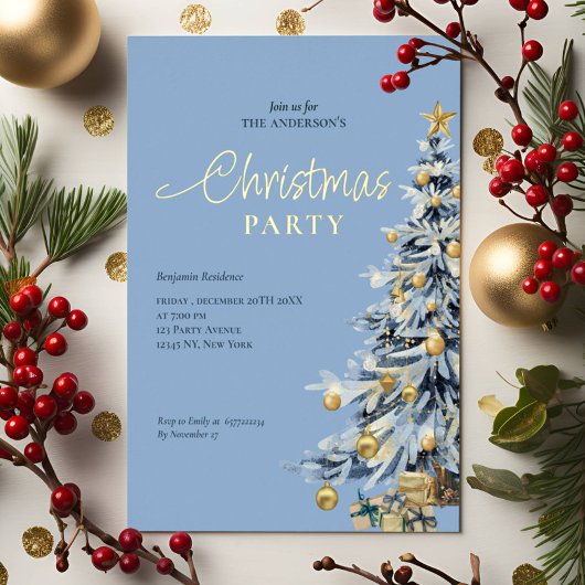 Elegant Blue Waterverf Tree kerstfeest Folie Uitnodiging