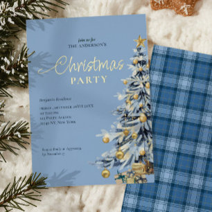 Elegant Blue Waterverf Tree kerstfeest Folie Uitnodiging