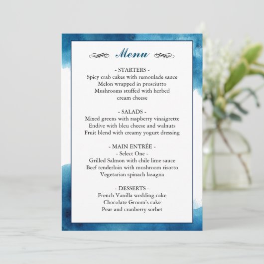 Elegant Blue Waterverf Wedding Menu (Staand voorkant)