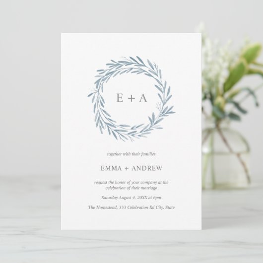 Elegant Blue Waterverf Wreath Wedding Invitation (Staand voorkant)