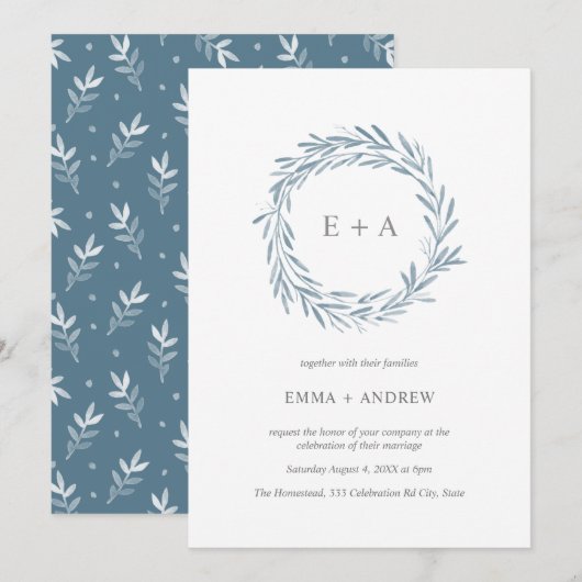 Elegant Blue Waterverf Wreath Wedding Invitation (Voorkant / Achterkant)