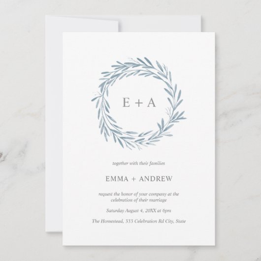 Elegant Blue Waterverf Wreath Wedding Invitation (Voorkant)
