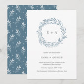 Elegant Blue Waterverf Wreath Wedding Kaart (Voorkant / Achterkant)