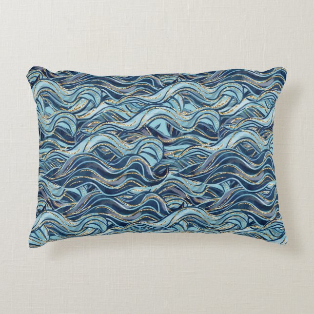 Elegant Blue Wave patroon met gouden accenten Accent Kussen (Voorkant)