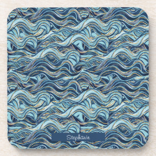 Elegant Blue Wave patroon met gouden accenten Bier Onderzetter