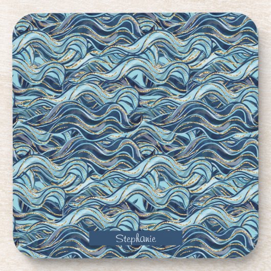 Elegant Blue Wave patroon met gouden accenten Bier Onderzetter (Voorkant)