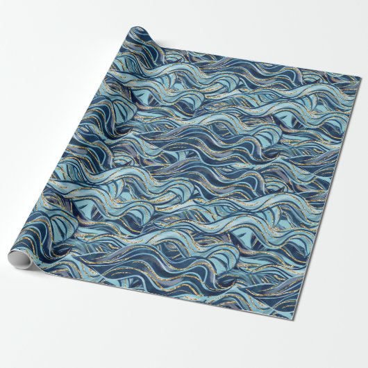 Elegant Blue Wave patroon met gouden accenten Cadeaupapier (Uitgerold)