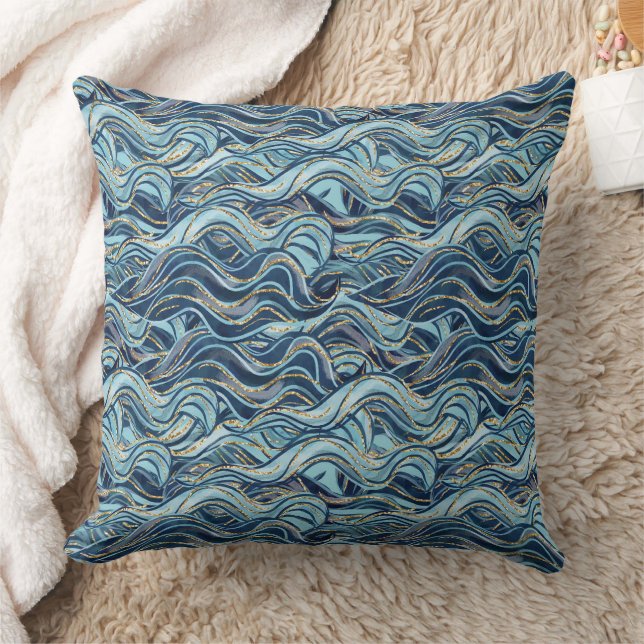 Elegant Blue Wave patroon met gouden accenten Kussen (Deken)
