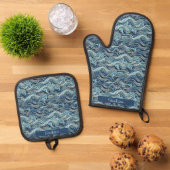 Elegant Blue Wave patroon met gouden accenten Ovenwant & Pannenlap Set (Top down)