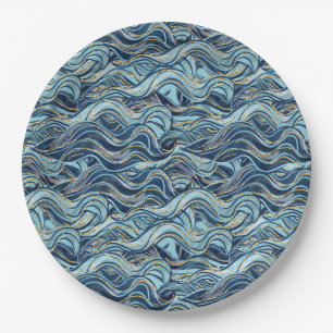 Elegant Blue Wave patroon met gouden accenten Papieren Bordje