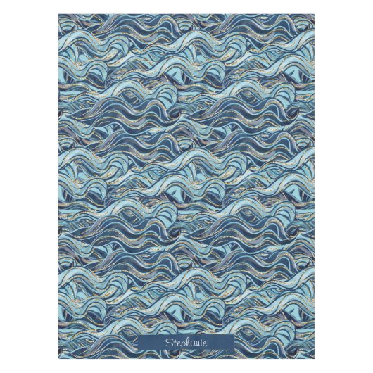 Elegant Blue Wave patroon met gouden accenten Tafelkleed (Voorkant)