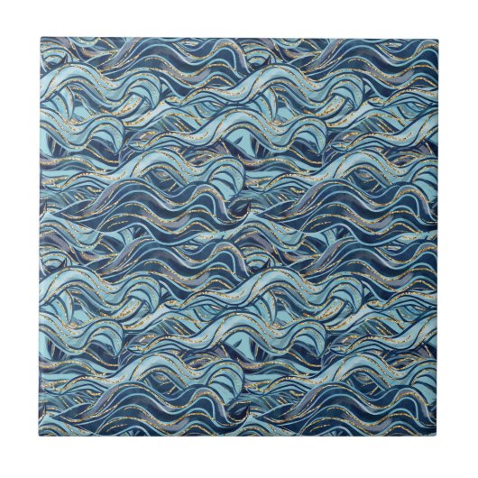 Elegant Blue Wave patroon met gouden accenten Tegeltje (Voorkant)