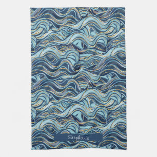 Elegant Blue Wave patroon met gouden accenten Theedoek