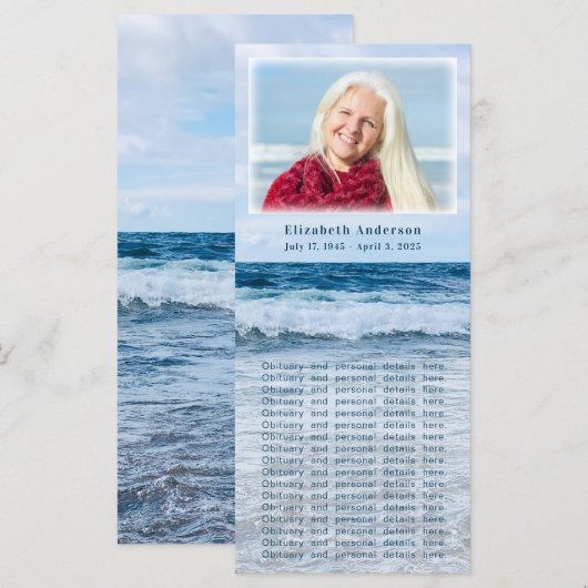 Elegant Blue Waves Funeral Memorial Photo Card (Voorkant / Achterkant)