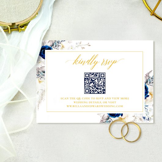 Elegant Blue Wedding Website RSVP QR Code Kaart